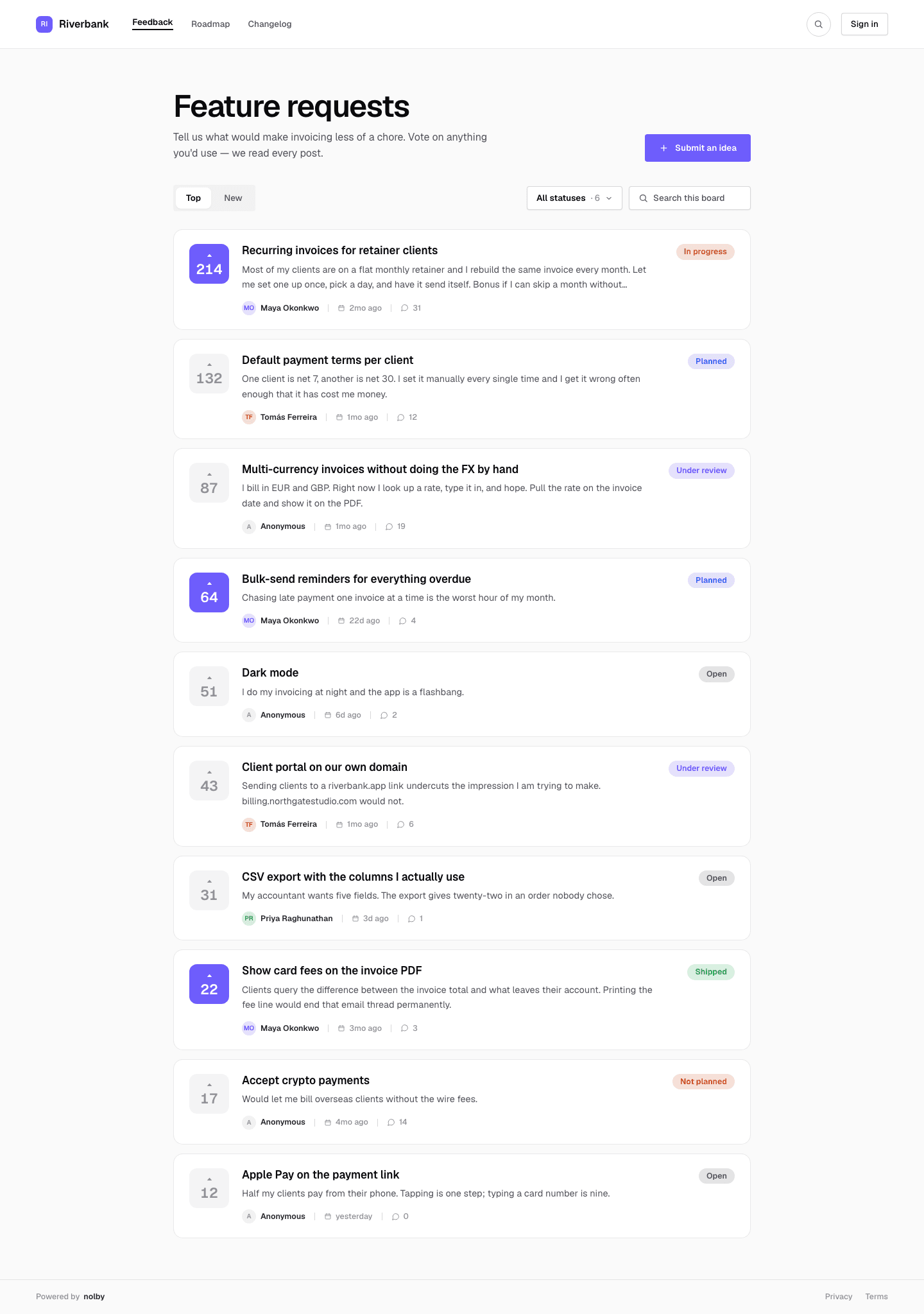 A nolby feedback board: posts with vote counts, authors, comment counts and customer-named statuses