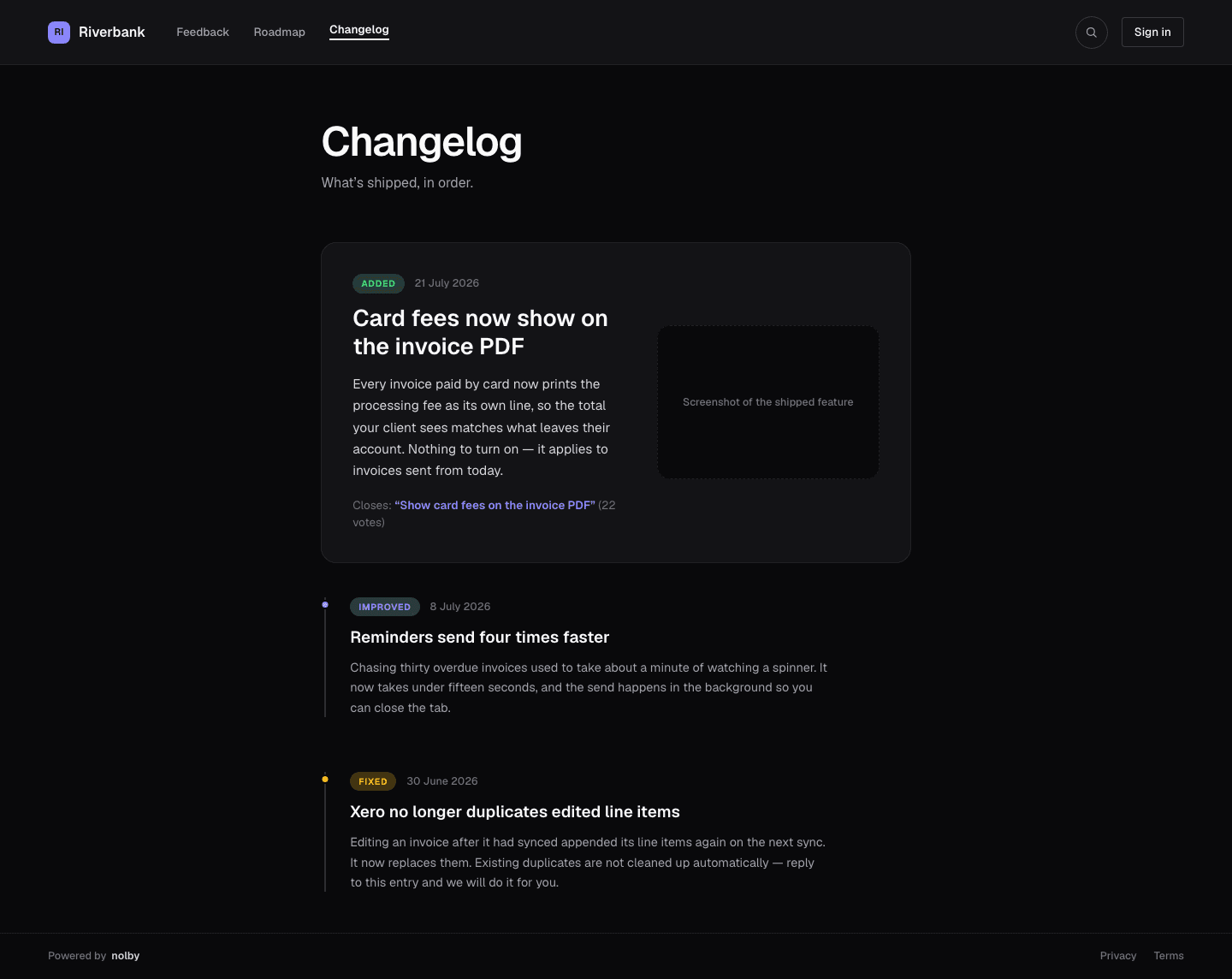 A nolby changelog entry, with the feedback requests it shipped linked underneath it