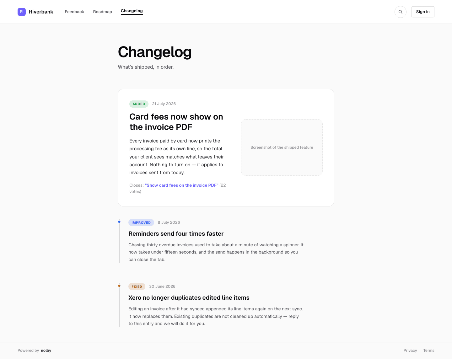 A nolby changelog entry, with the feedback requests it shipped linked underneath it