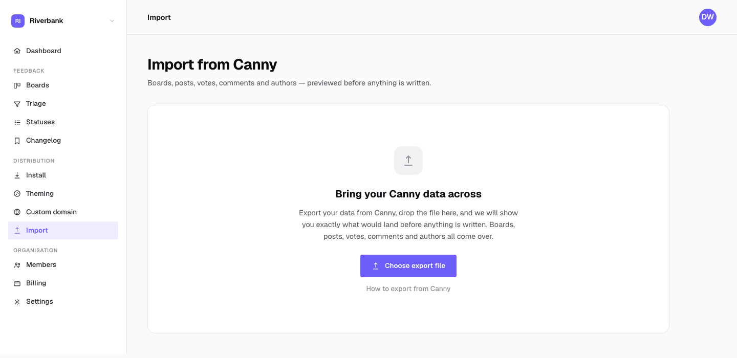 The Canny import screen in nolby, previewing the boards, posts and votes that will be created