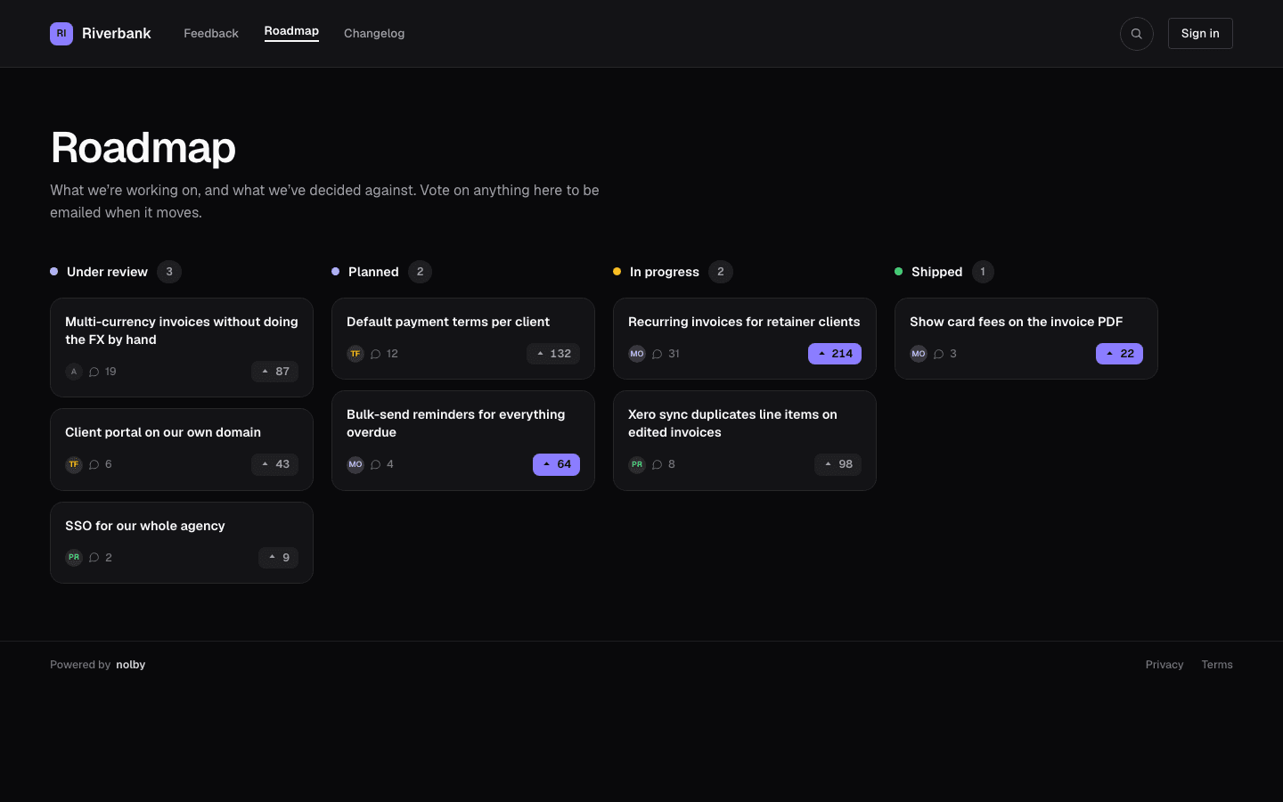 A public nolby roadmap with six customer-named columns