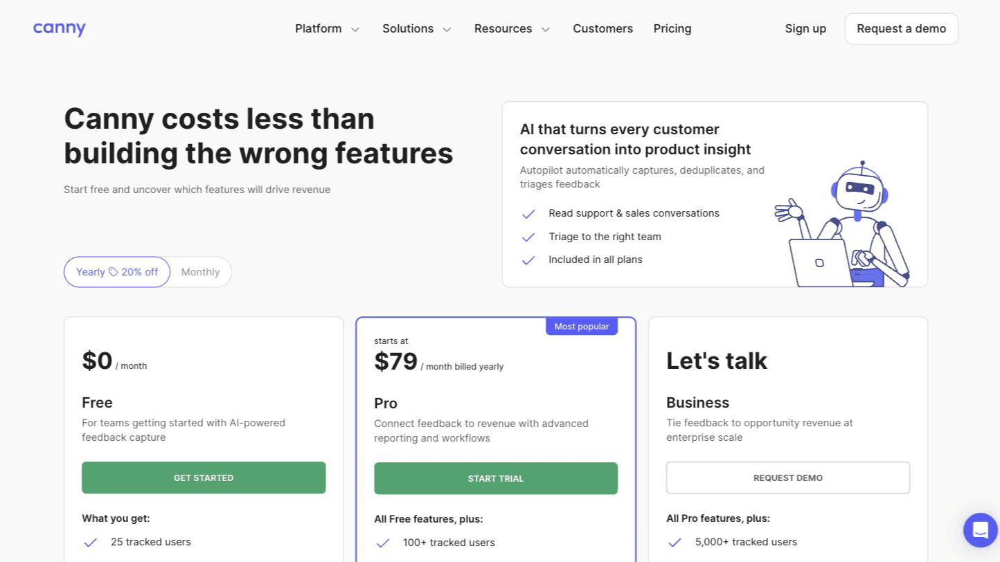 Canny's pricing page, showing three plans: Free at $0 a month, Pro starting at $79 a month billed yearly, and Business priced by quote.