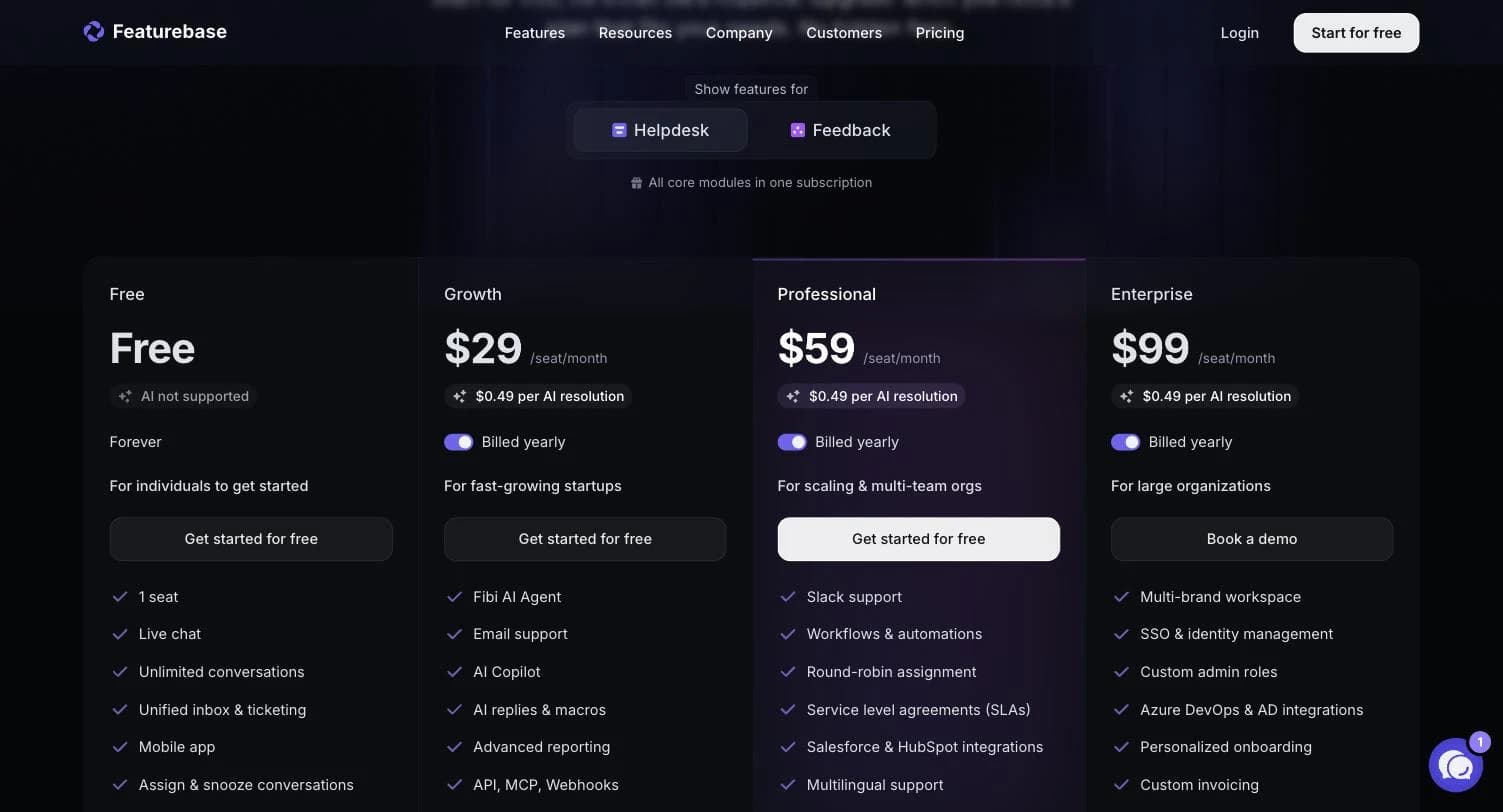 Featurebase's pricing page showing four plans — Free, Growth at $29 a seat a month, Professional at $59 and Enterprise at $99 — each billed yearly, with a Helpdesk and Feedback toggle above them.
