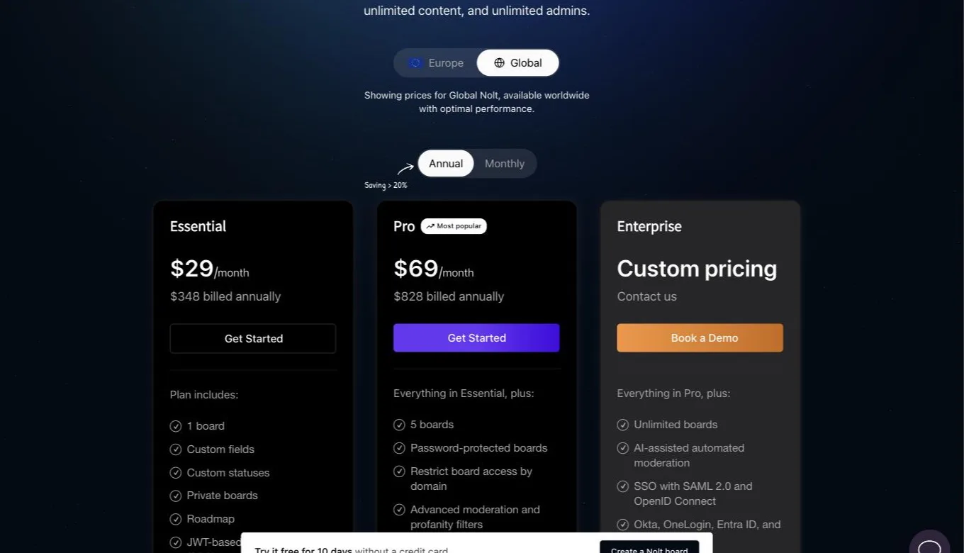 Nolt's pricing page showing three plans — Essential at $29 a month, Pro at $69 and Enterprise at custom pricing — above a Europe/Global toggle and an Annual/Monthly toggle.