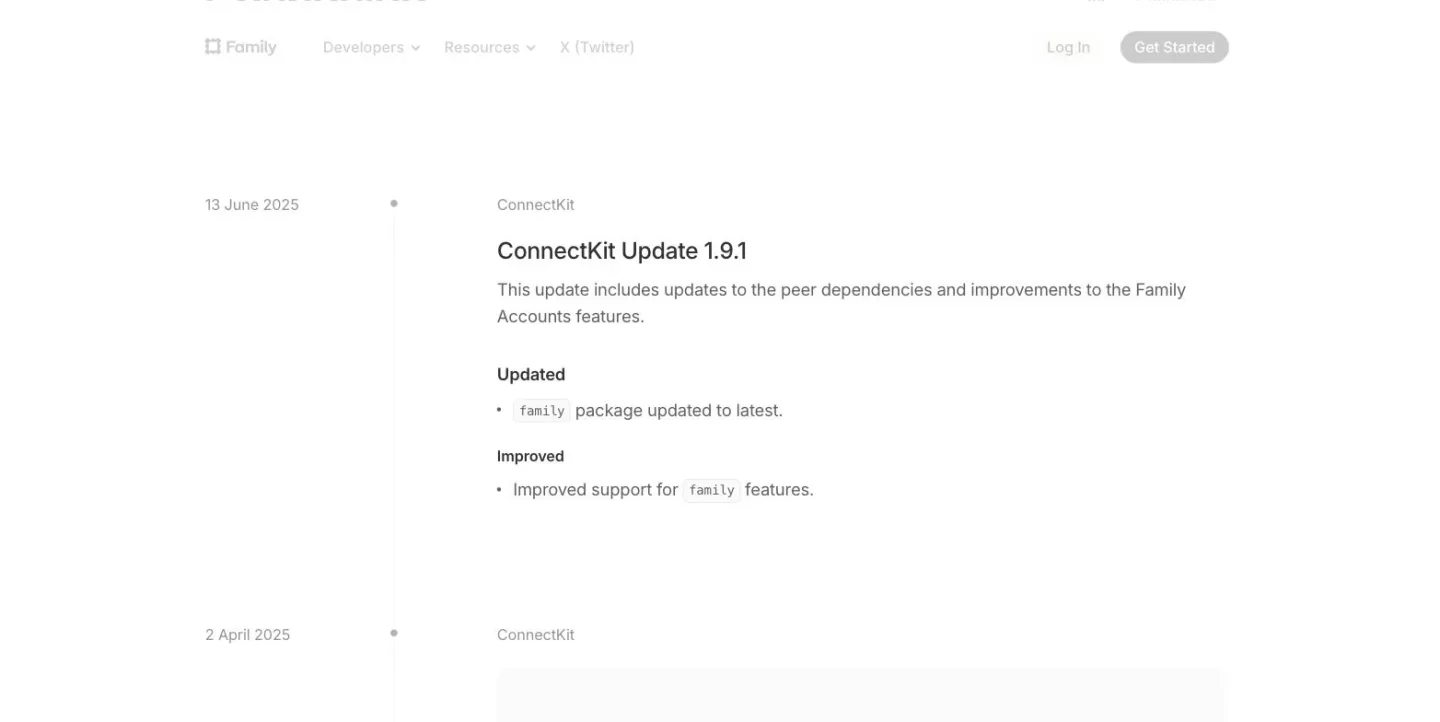Family's changelog, with its newest entry dated 13 June 2025 above one dated 2 April 2025.