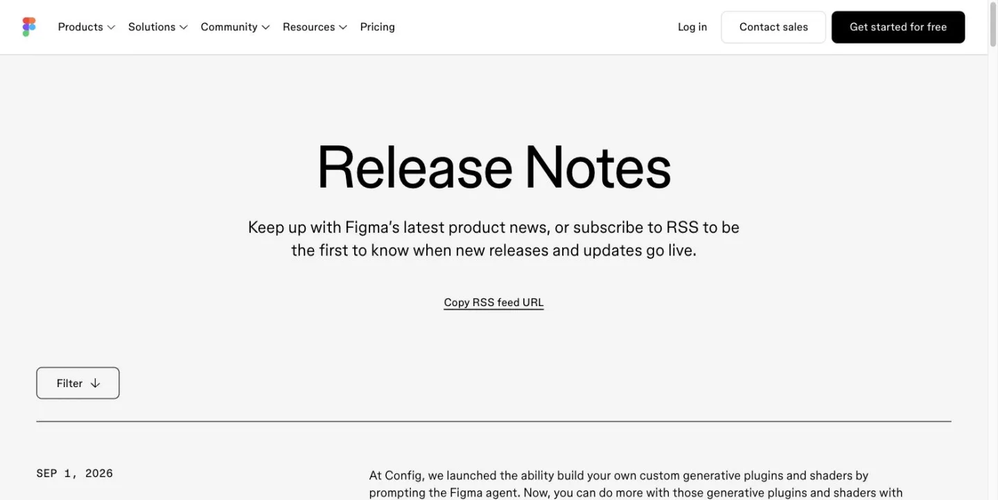 Figma's release notes, offering a Copy RSS feed URL link, with the most recent entry dated SEP 1, 2026.