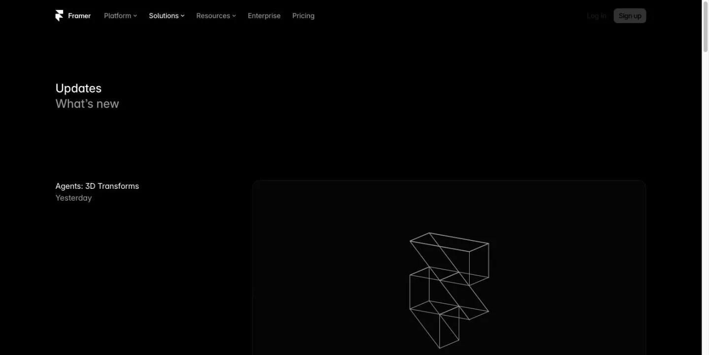 Framer's updates page, with its most recent entry, Agents: 3D Transforms, dated Yesterday.