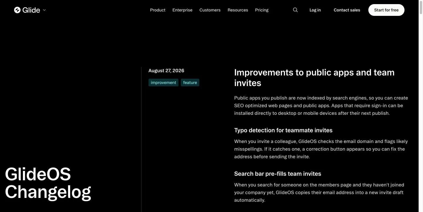 Glide's changelog, with an entry dated August 27, 2026 tagged improvement and feature.