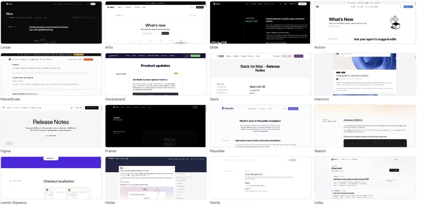 Sixteen SaaS changelog pages side by side: Linear, Attio, Glide, Notion, PlanetScale, Geckoboard, Slack, Intercom, Figma, Framer, Plausible, Sketch, Lemon Squeezy, Hotjar, Family and nolby.