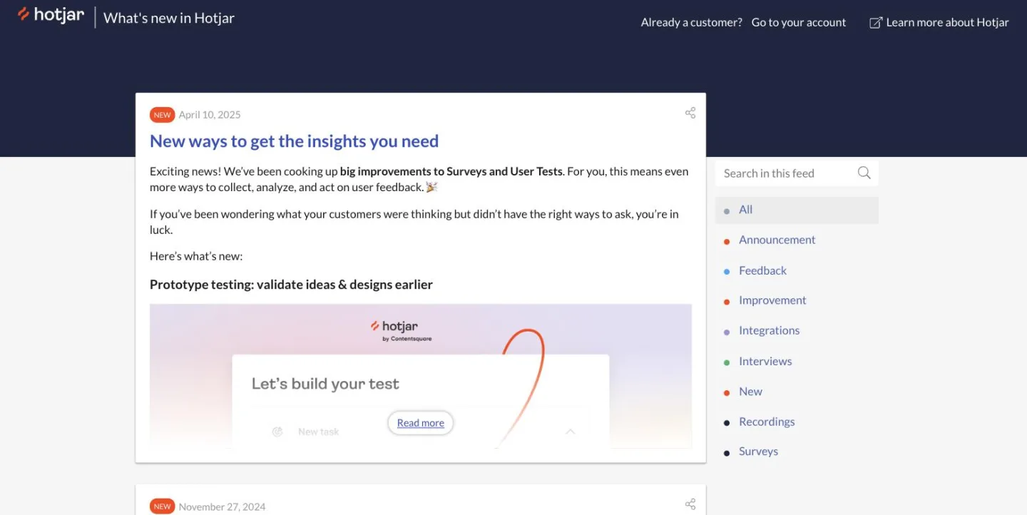 Hotjar's updates page, with its newest entry dated April 10, 2025 and the entry below it dated November 27, 2024.