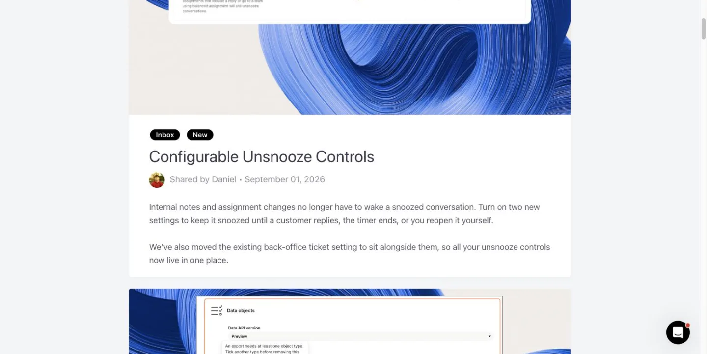 Intercom's changes page, showing an entry labelled Inbox and New, shared by a named person on September 01, 2026.