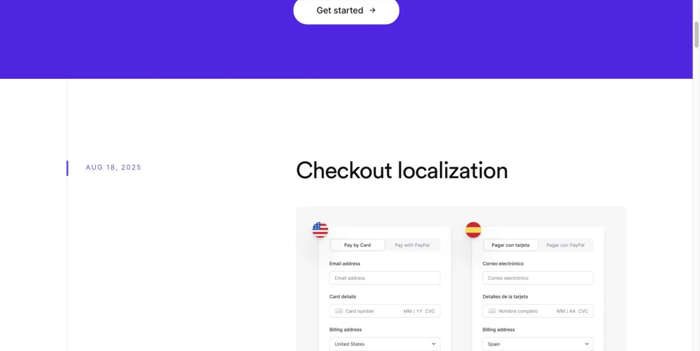 Lemon Squeezy's changelog, with its most recent entry, Checkout localization, dated AUG 18, 2025.