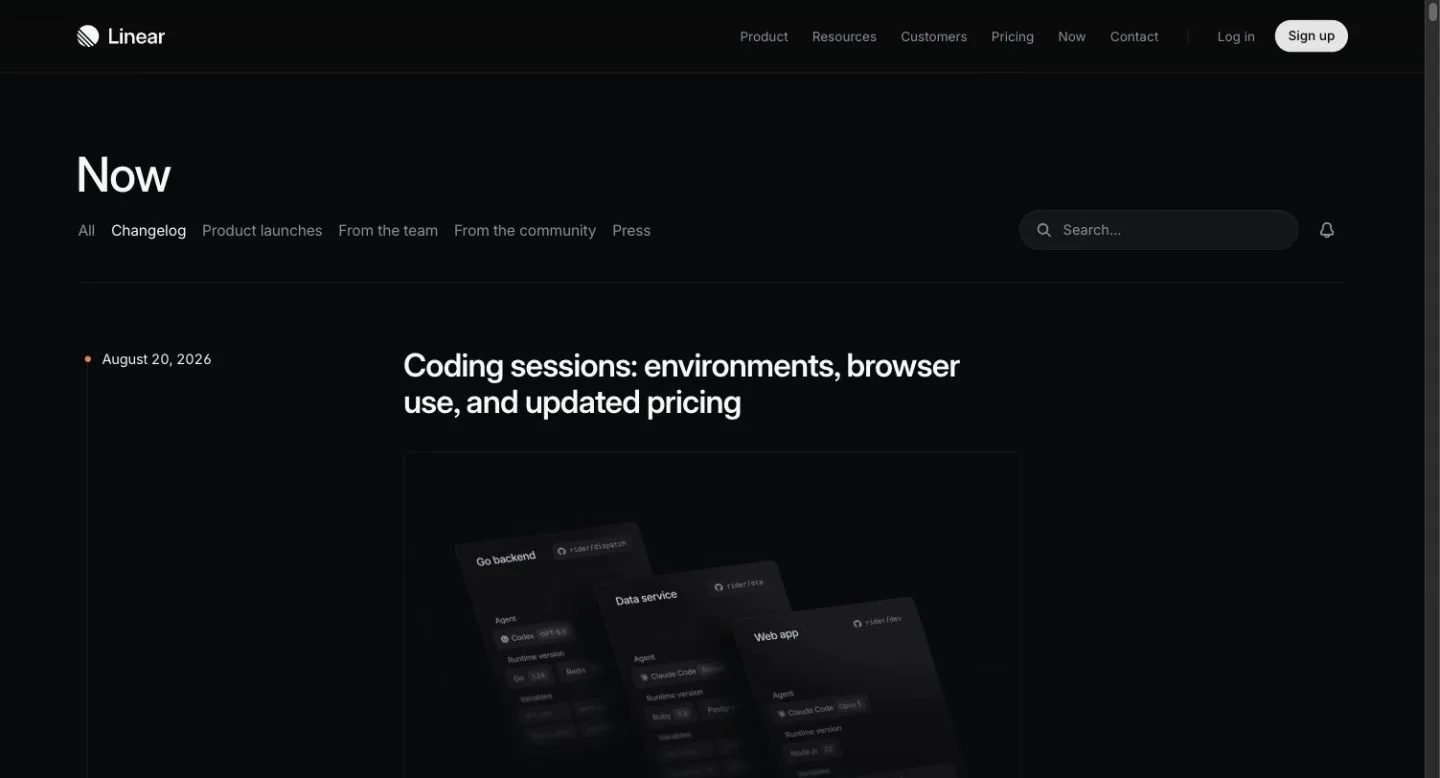 Linear's changelog, with its most recent entry dated August 20, 2026 beside the entry title.