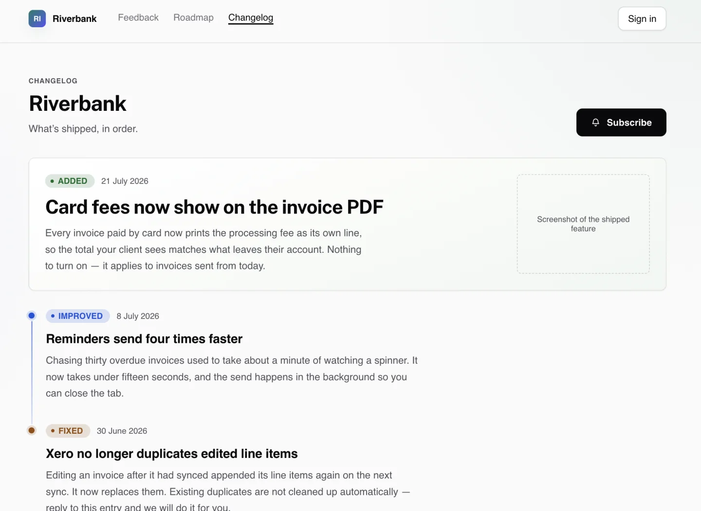 nolby's changelog for a company called Riverbank, with a Subscribe button, an ADDED entry dated 21 July 2026 shown as a feature card, and IMPROVED and FIXED entries on a timeline below it.