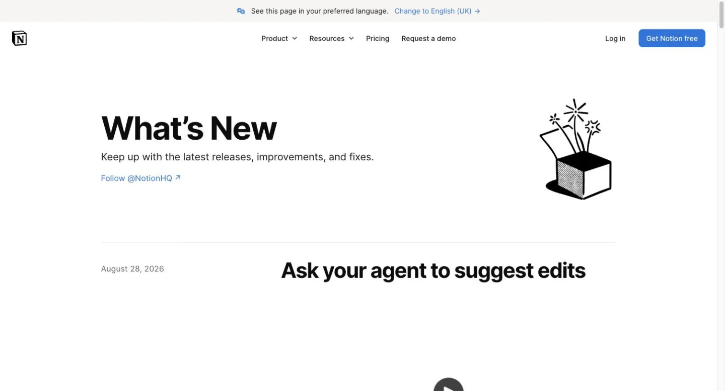 Notion's What's New page, with its most recent entry dated August 28, 2026.
