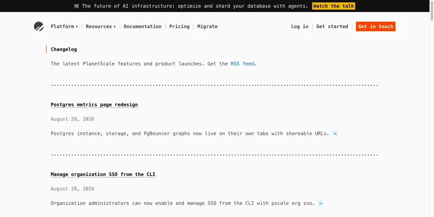 PlanetScale's changelog, offering an RSS feed, with two entries dated August 28, 2026.