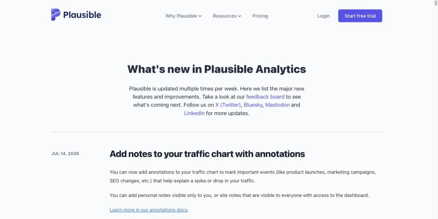 Plausible's changelog, whose introduction links to a feedback board, above an entry dated JUL 14, 2026.