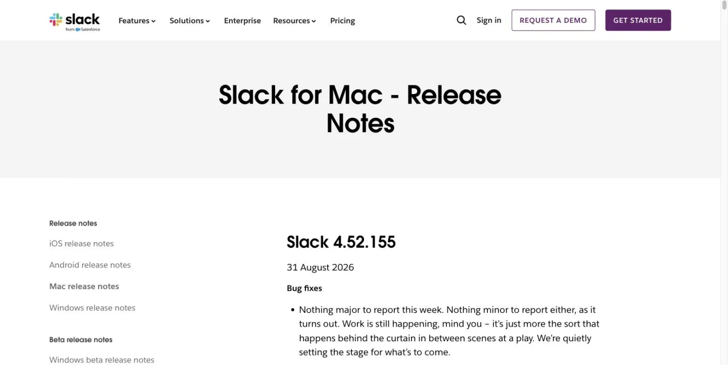 Slack's Mac release notes, showing version 4.52.155 dated 31 August 2026 under a Bug fixes heading.